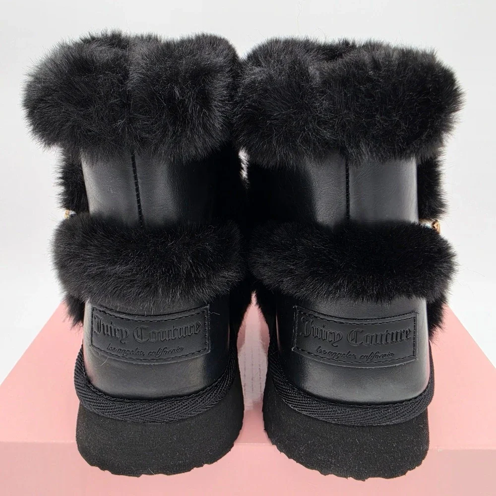 Juicy Couture Ocarina Black Faux Leather Faux Fur Platform Ankle Boots 6 NEW